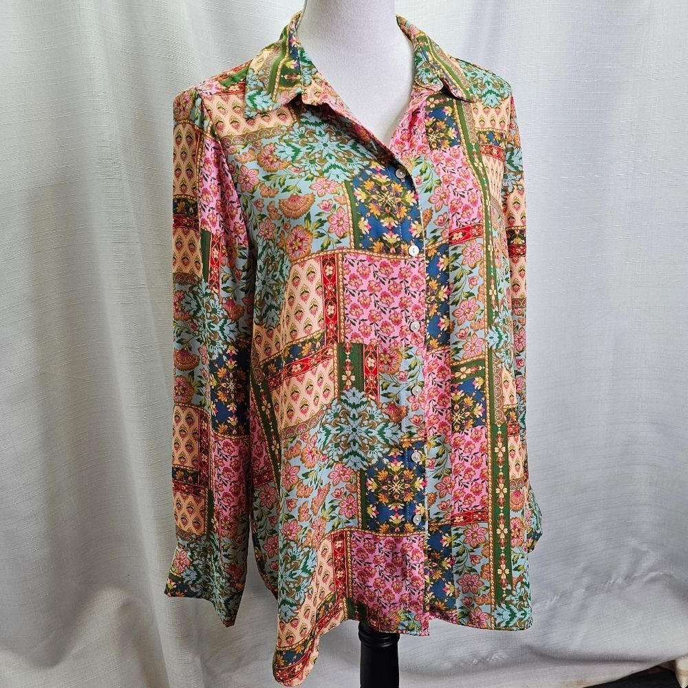 Rose & Olive Multicolor Patchwork Button Front Bl… - image 3